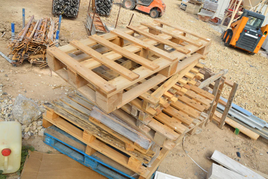 Piles of used wooden pallets outdoors
